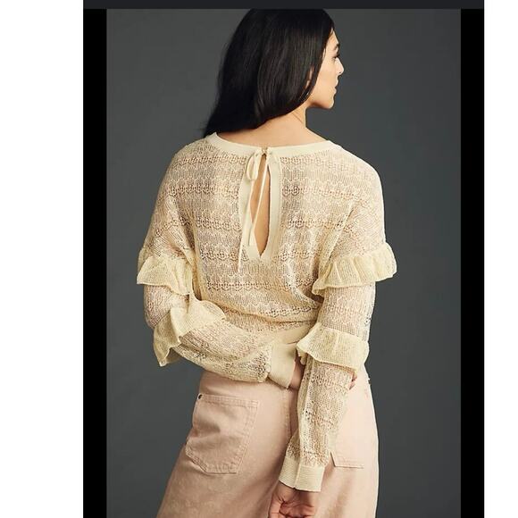 By Anthropologie Sheer Open-Stitch Ruffle XL Pullover Sweater Cream Fairycore - Picture 3 of 12